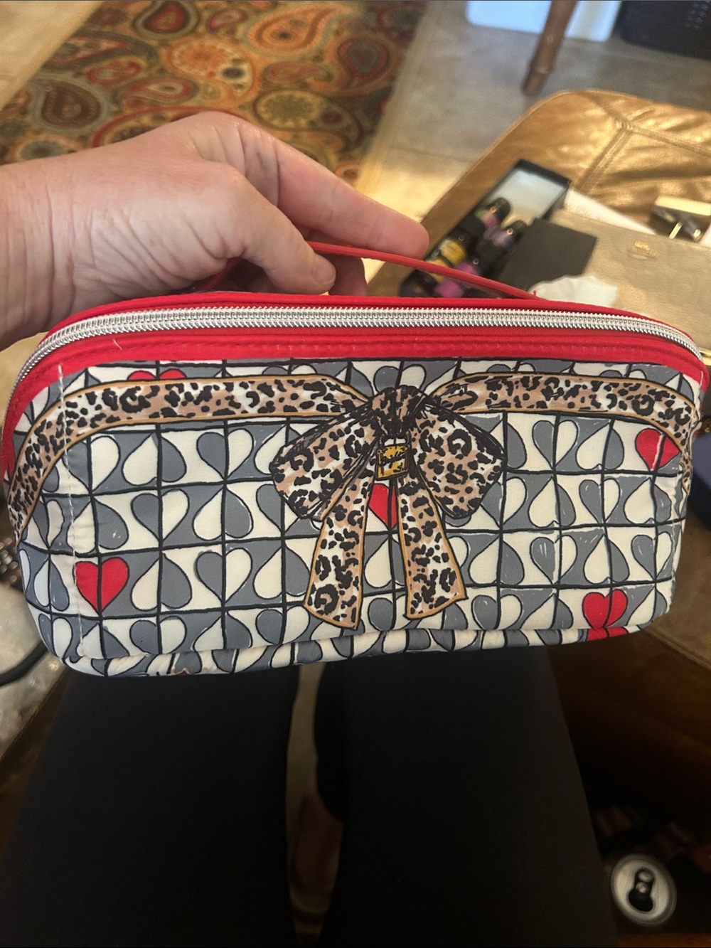 Brighton Quilted Heart & Leopard Bow Cosmetic Case in Red, White, Gray